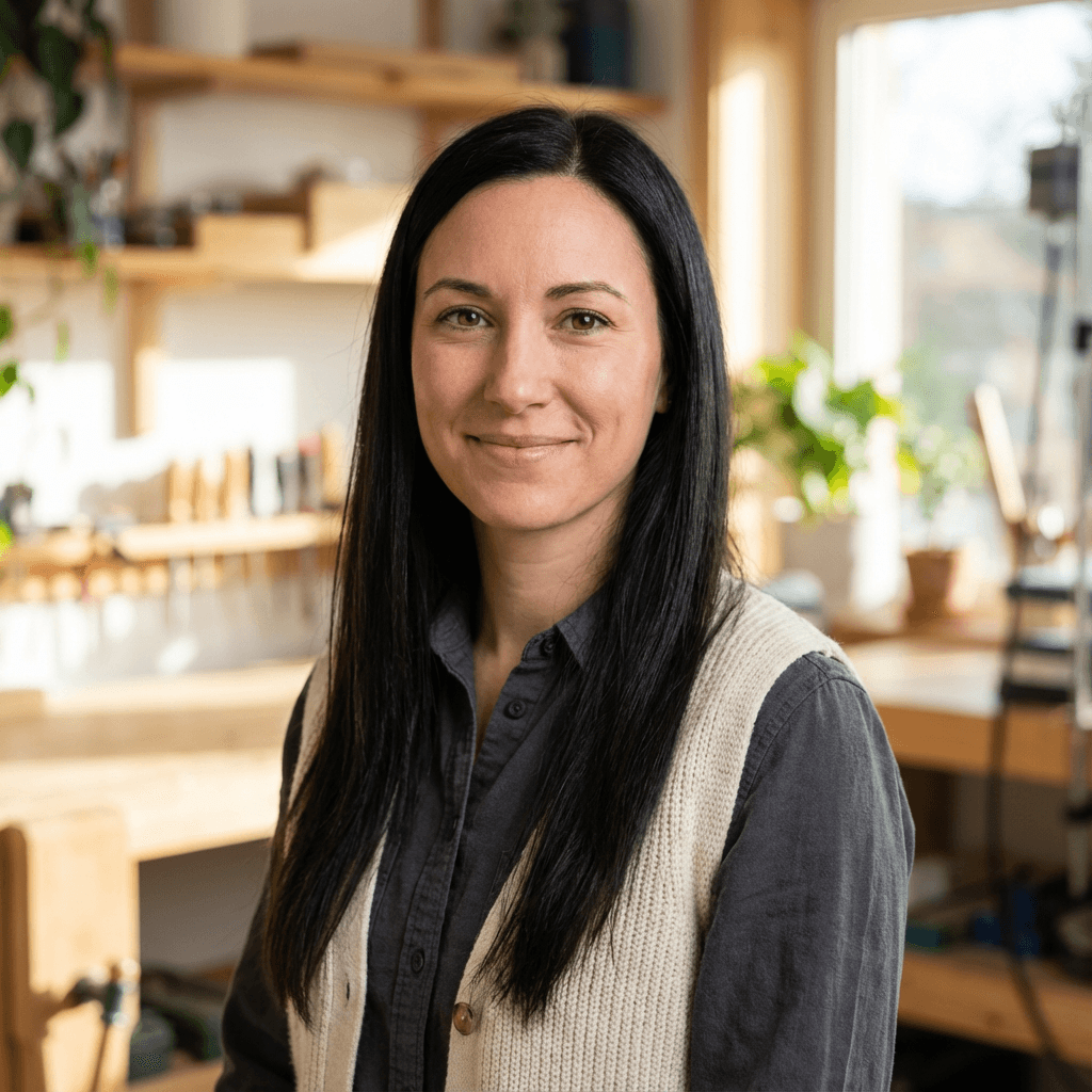 Karen Alvarez smiling in a bright modern kitchen holding cleaning supplies