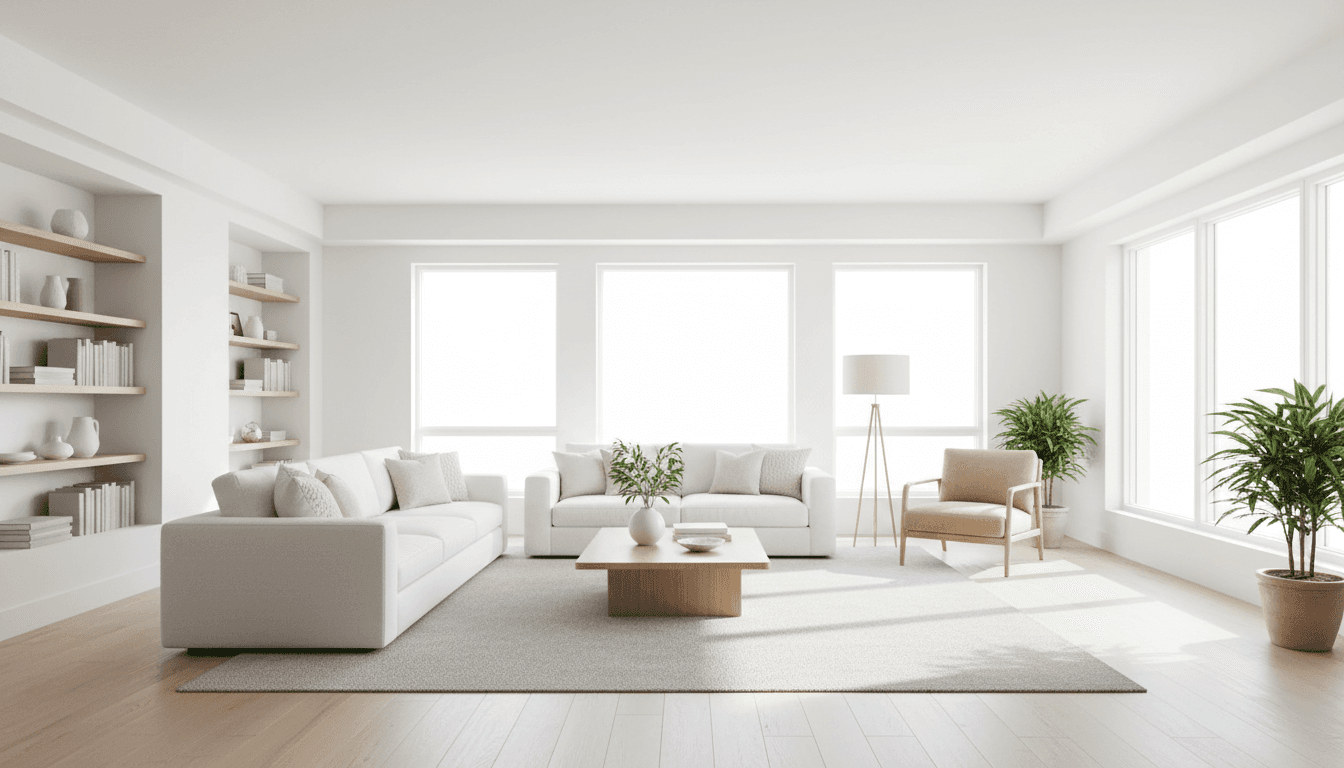 Bright modern living room with white sofa and large windows