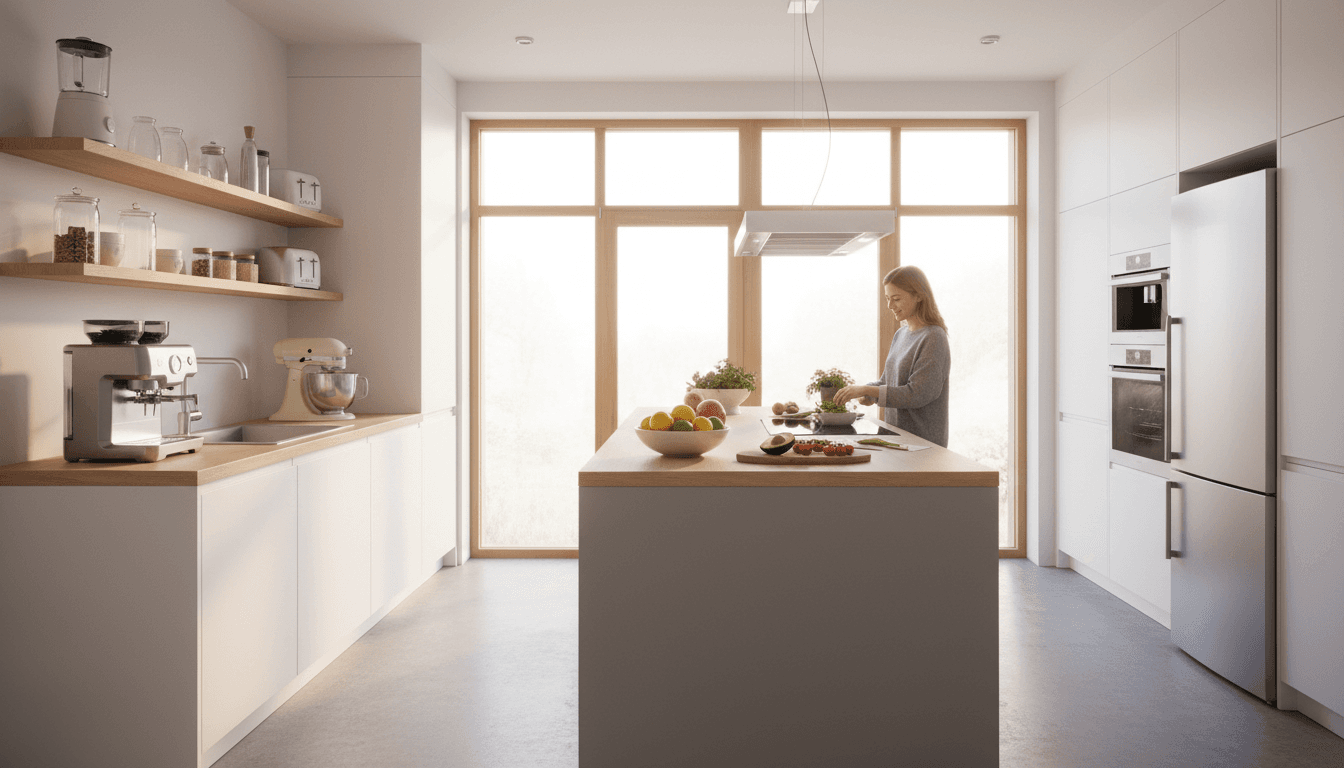 Modern kitchen with white cabinets and stainless steel appliances